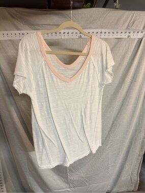 WTF Women's White Tee with Peach-Pink Trim V-Neck